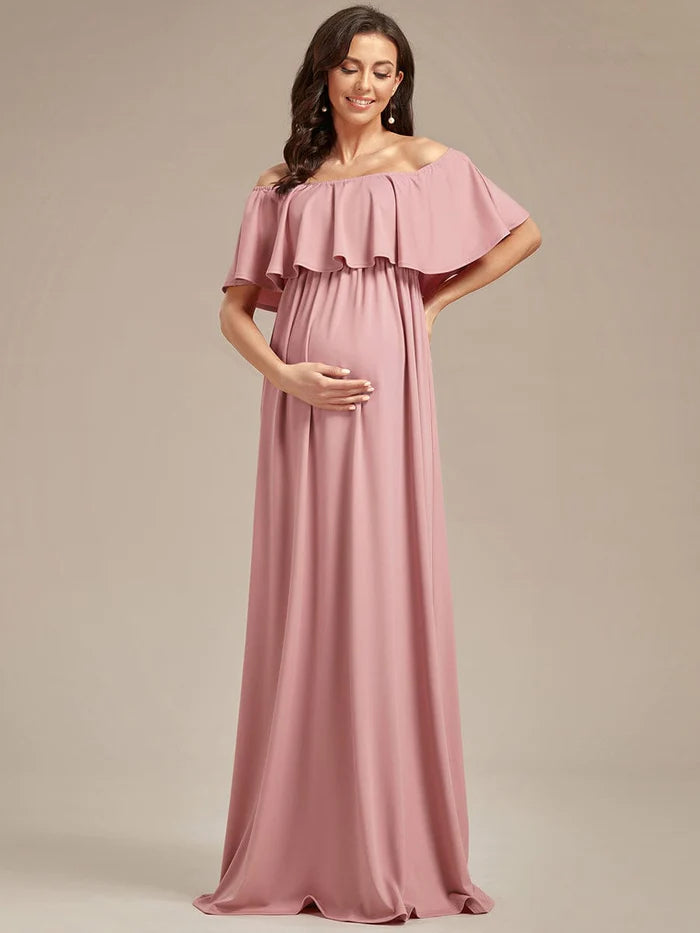 Wholesa Flattering A-Line Maternity Dress with Off-Shoulder Ruffle