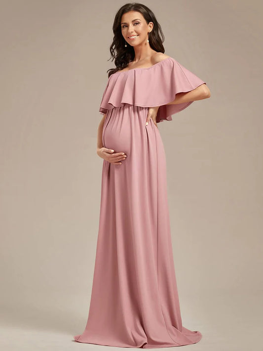 Wholesa Flattering A-Line Maternity Dress with Off-Shoulder Ruffle