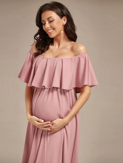 Wholesa Flattering A-Line Maternity Dress with Off-Shoulder Ruffle