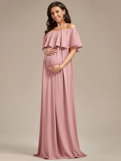 Wholesa Flattering A-Line Maternity Dress with Off-Shoulder Ruffle