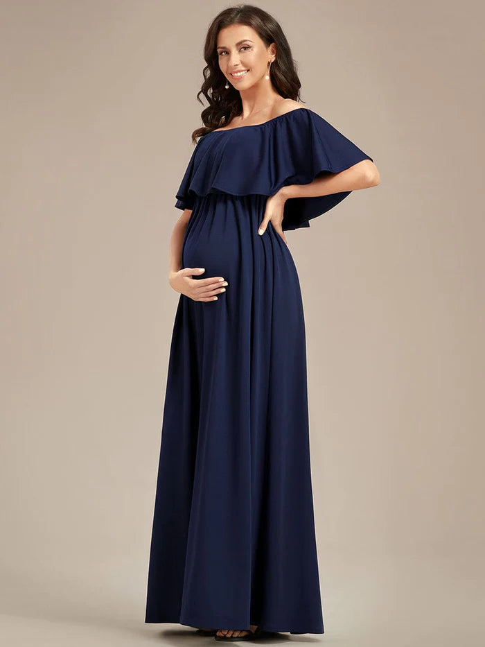 Wholesa Flattering A-Line Maternity Dress with Off-Shoulder Ruffle