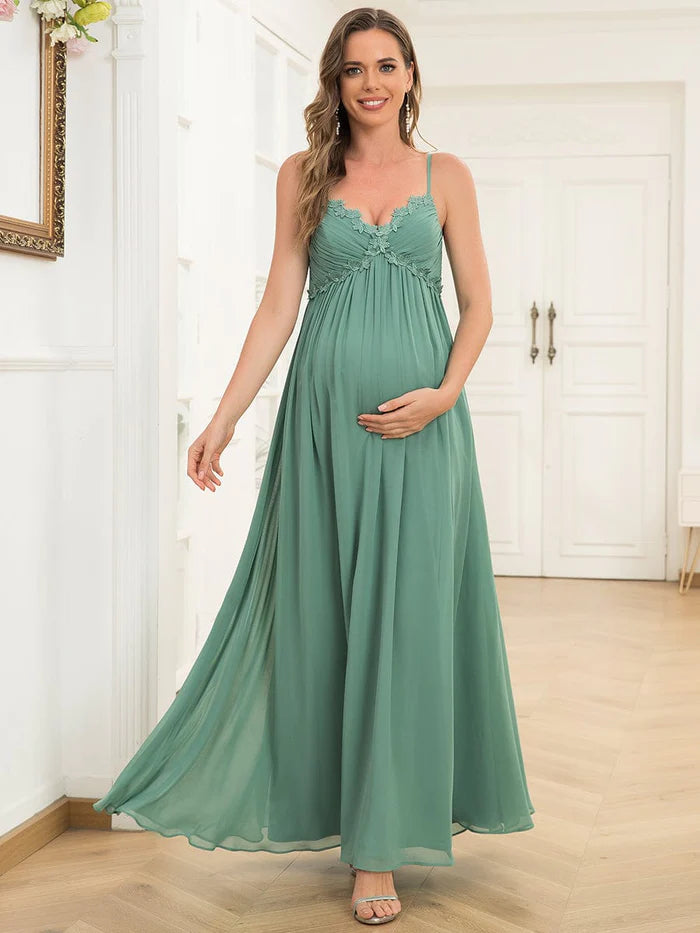 Wholesa Pleated Chiffon Lace Spaghetti Strap V-Neck Maternity Dress