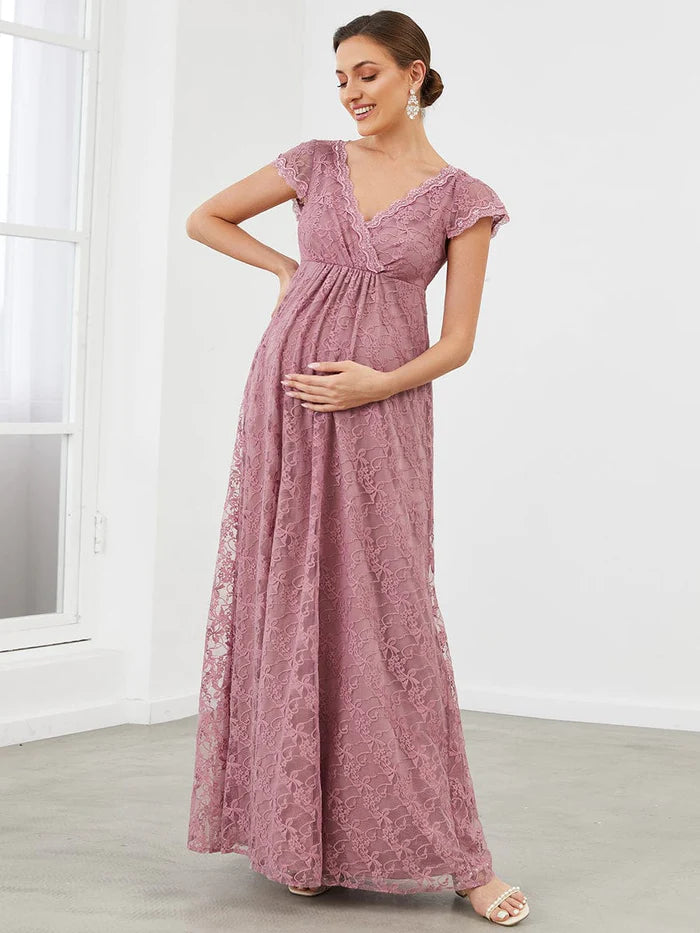 Wholesa A-Line Lace V-Neck Short Sleeve Maternity Dress