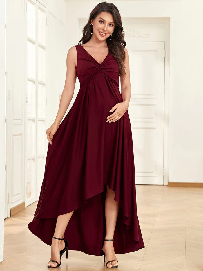 Wholesa Sleeveless V-Neck High Low Pleated Maternity Dress