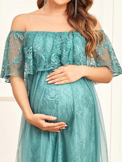 Wholesa Off Shoulder Sheer Pleated Lace A-line Maternity Dress