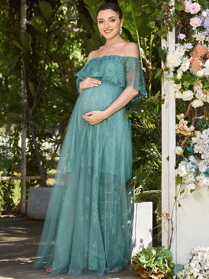 Wholesa Off Shoulder Sheer Pleated Lace A-line Maternity Dress