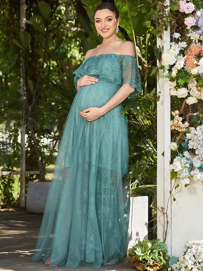 Wholesa Off Shoulder Sheer Pleated Lace A-line Maternity Dress