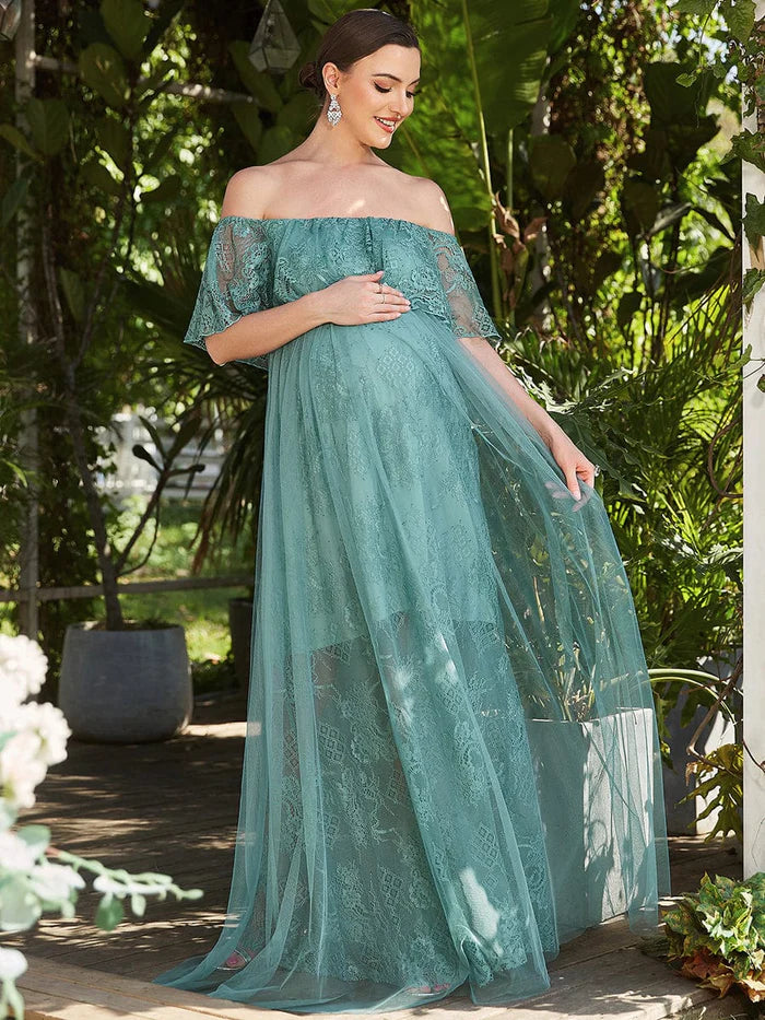 Wholesa Off Shoulder Sheer Pleated Lace A-line Maternity Dress