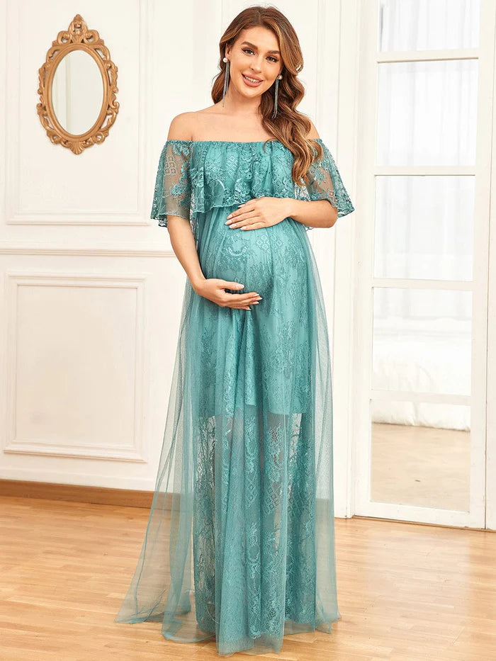 Wholesa Off Shoulder Sheer Pleated Lace A-line Maternity Dress