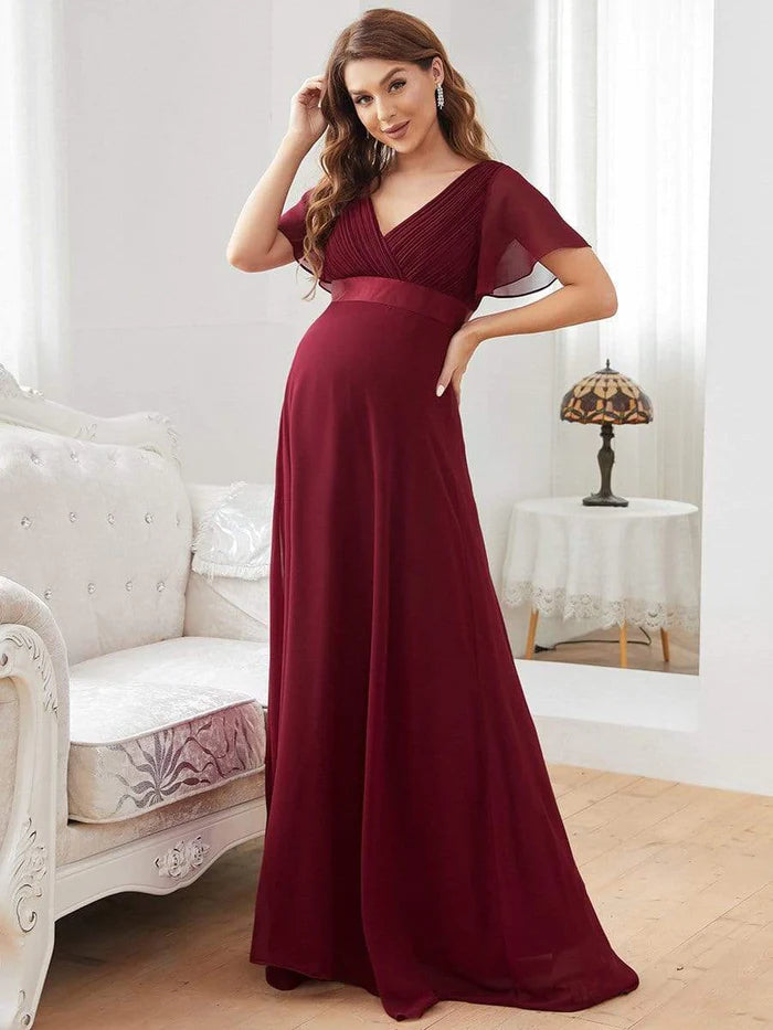 Wholesa Pleated Bodice Ruffle Sleeves V Neck Floor Length Maternity Dress