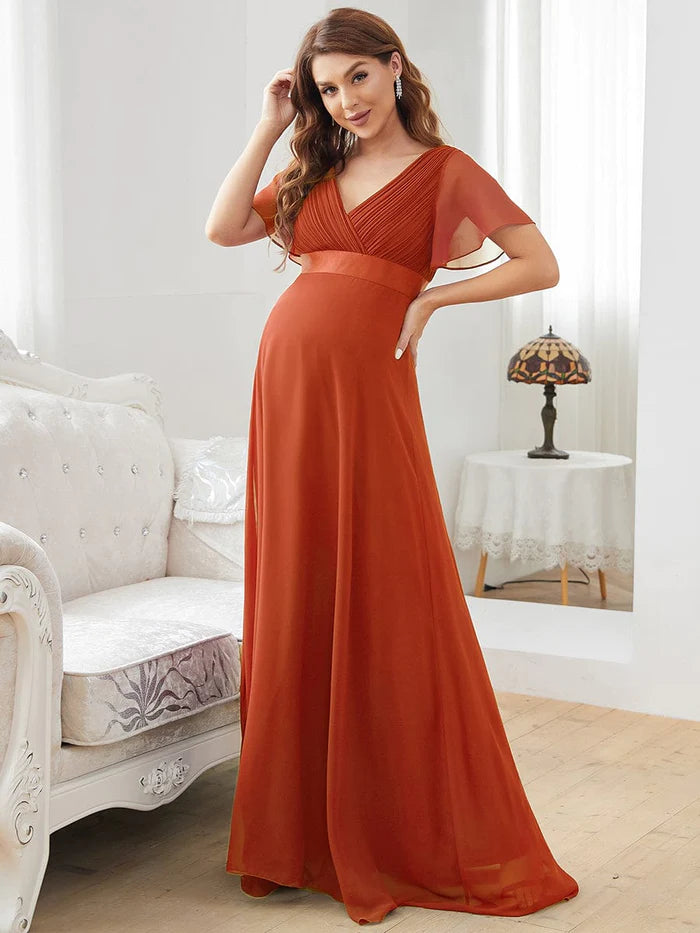 Wholesa Pleated Bodice Ruffle Sleeves V Neck Floor Length Maternity Dress