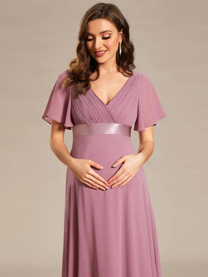 Wholesa Pleated Bodice Ruffle Sleeves V Neck Floor Length Maternity Dress