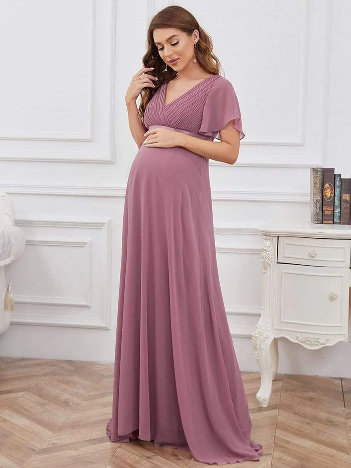 Wholesa Pleated Bodice Ruffle Sleeves V Neck Floor Length Maternity Dress