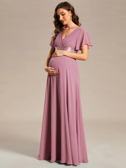 Wholesa Pleated Bodice Ruffle Sleeves V Neck Floor Length Maternity Dress