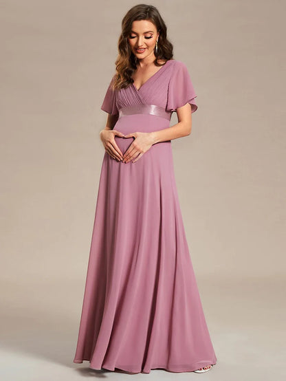 Wholesa Pleated Bodice Ruffle Sleeves V Neck Floor Length Maternity Dress