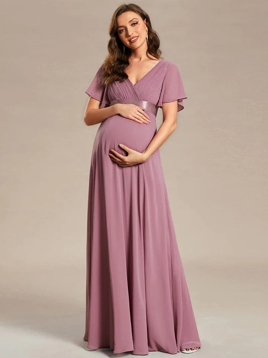 Wholesa Pleated Bodice Ruffle Sleeves V Neck Floor Length Maternity Dress