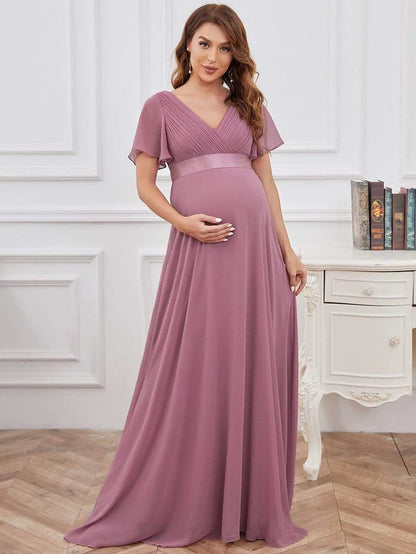 Wholesa Pleated Bodice Ruffle Sleeves V Neck Floor Length Maternity Dress