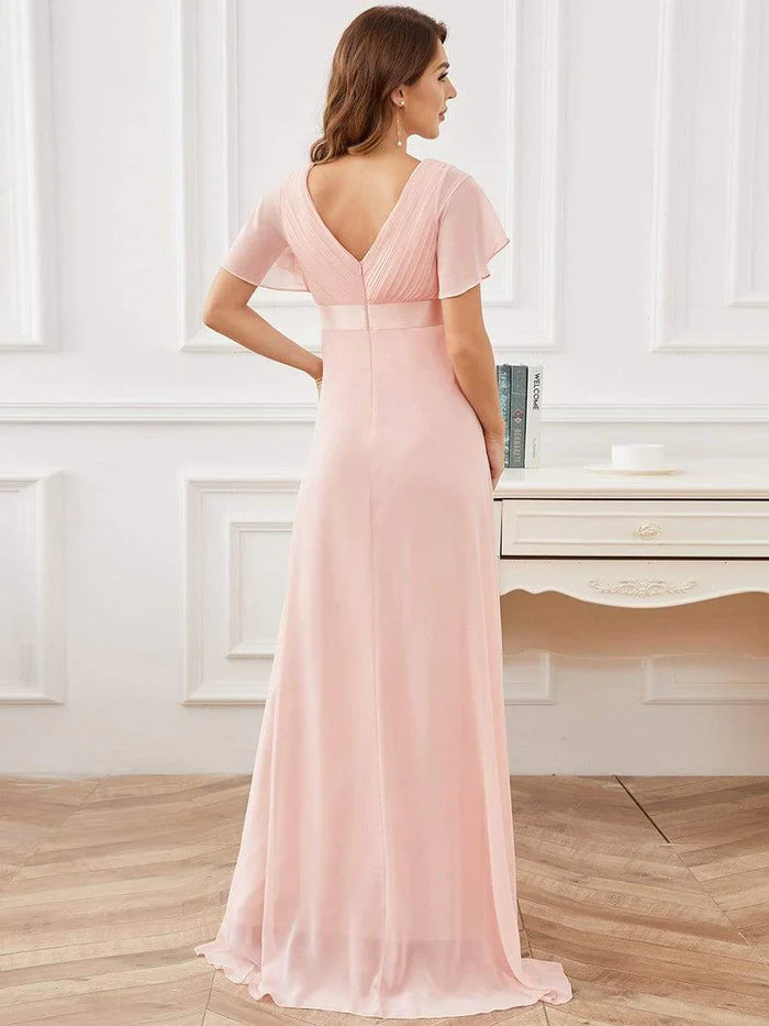 Wholesa Pleated Bodice Ruffle Sleeves V Neck Floor Length Maternity Dress