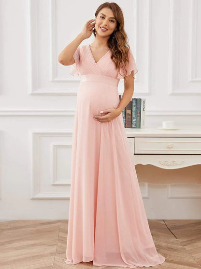 Wholesa Pleated Bodice Ruffle Sleeves V Neck Floor Length Maternity Dress