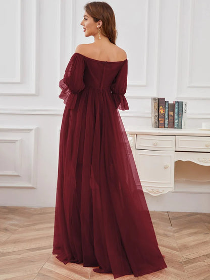 Wholesa Off the Shoulder Pleated Tulle Maxi Maternity Dress