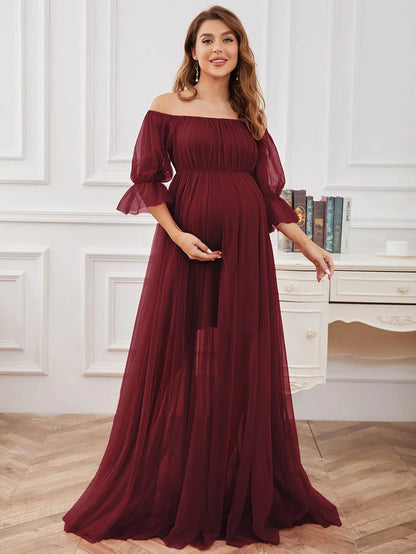 Wholesa Off the Shoulder Pleated Tulle Maxi Maternity Dress