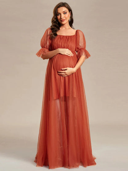 Wholesa Off the Shoulder Pleated Tulle Maxi Maternity Dress