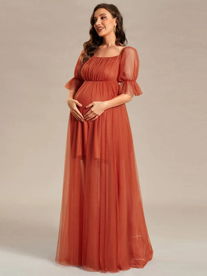 Wholesa Off the Shoulder Pleated Tulle Maxi Maternity Dress