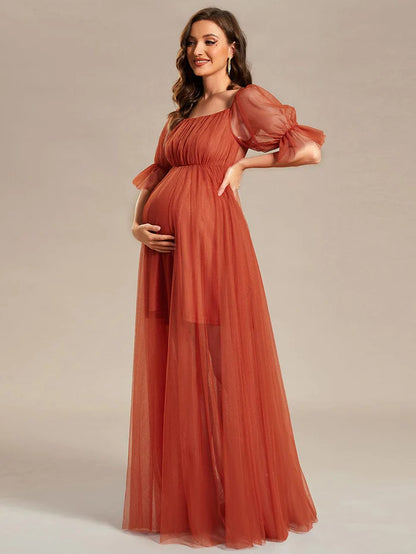 Wholesa Off the Shoulder Pleated Tulle Maxi Maternity Dress