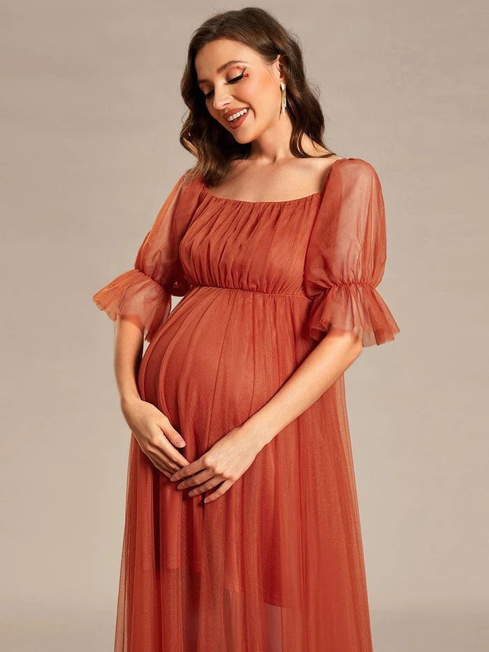 Wholesa Off the Shoulder Pleated Tulle Maxi Maternity Dress