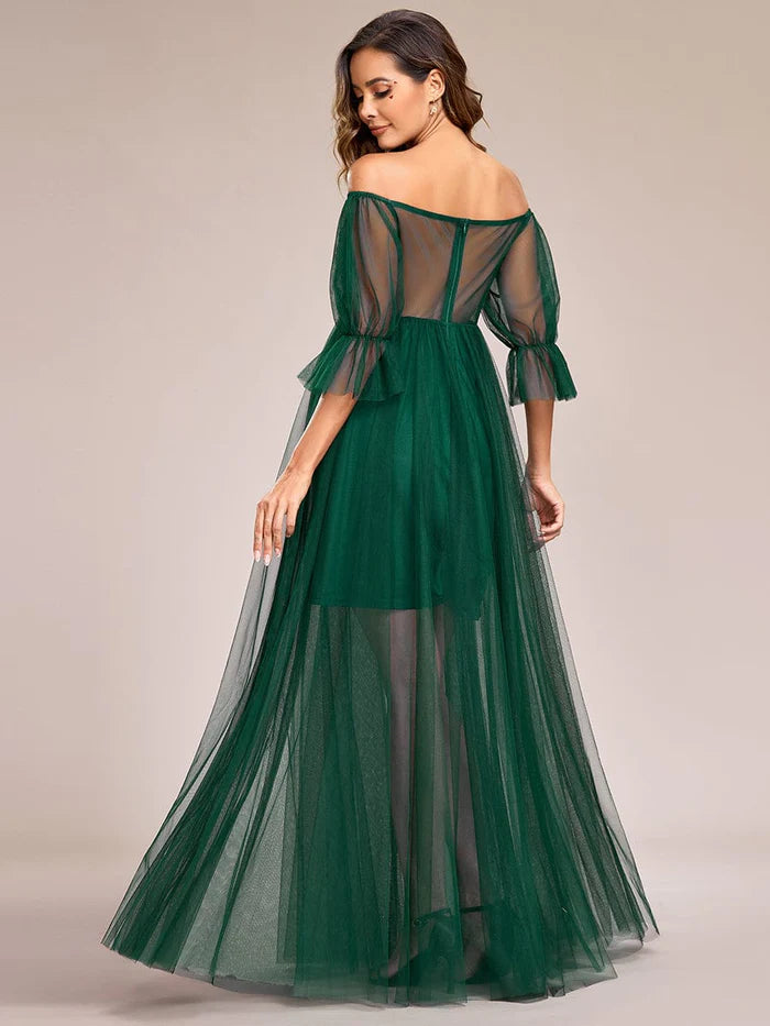 Wholesa Off the Shoulder Pleated Tulle Maxi Maternity Dress