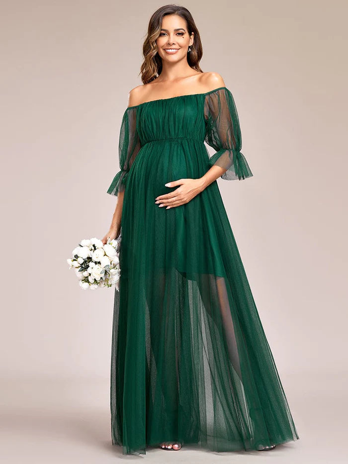 Wholesa Off the Shoulder Pleated Tulle Maxi Maternity Dress