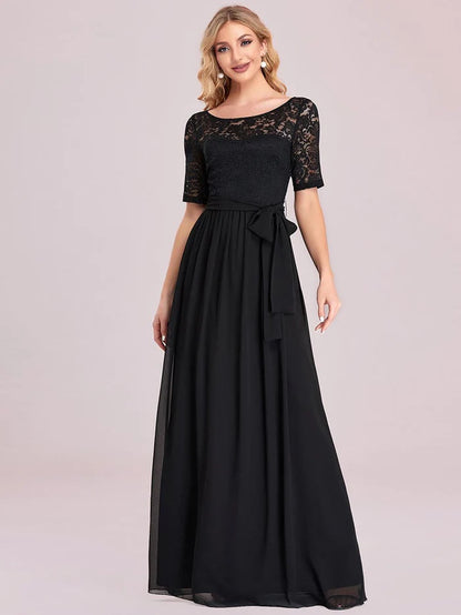 Wholesa Women's Elegant Lace & Chiffon Maxi Evening Dress with Belt