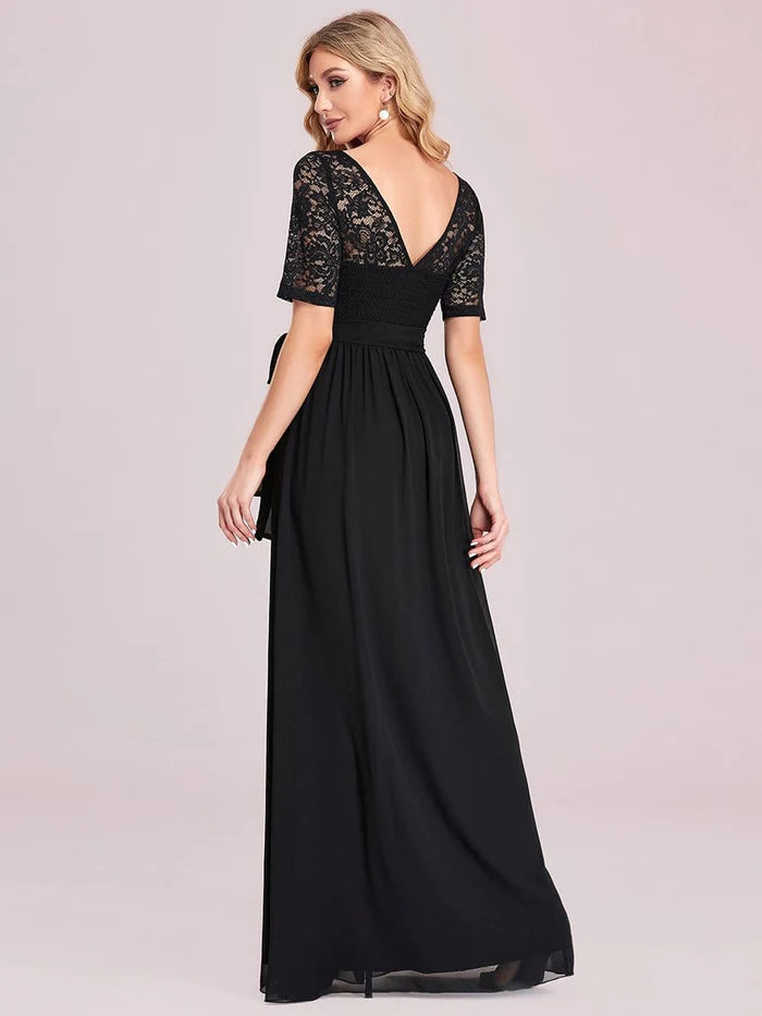 Wholesa Women's Elegant Lace & Chiffon Maxi Evening Dress with Belt