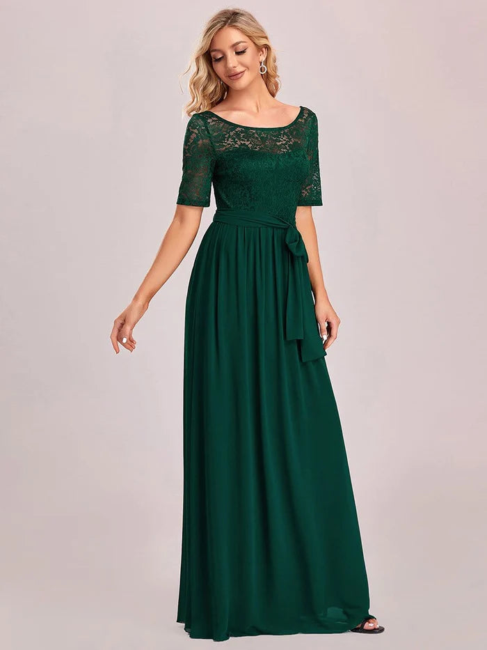 Wholesa Women's Elegant Lace & Chiffon Maxi Evening Dress with Belt