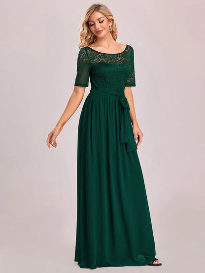 Wholesa Women's Elegant Lace & Chiffon Maxi Evening Dress with Belt