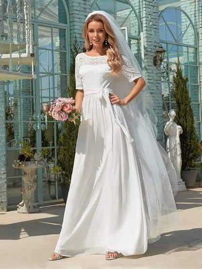 Wholesa Simple Half Sleeves Chiffon Wedding Dress with Belt