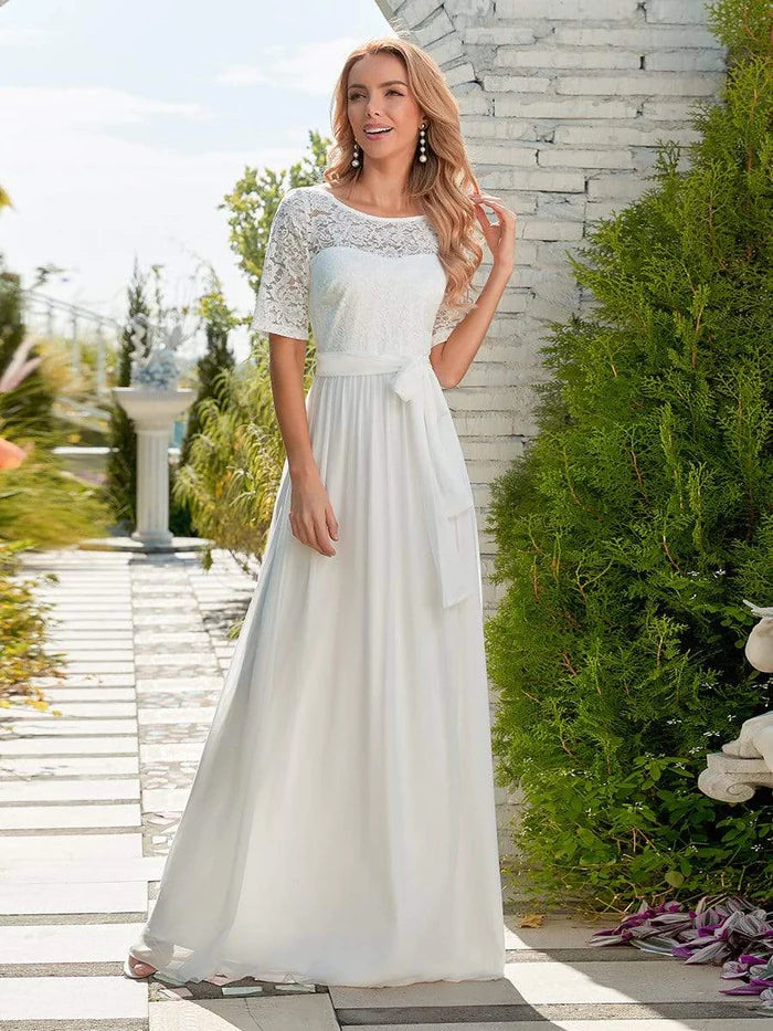 Wholesa Simple Half Sleeves Chiffon Wedding Dress with Belt