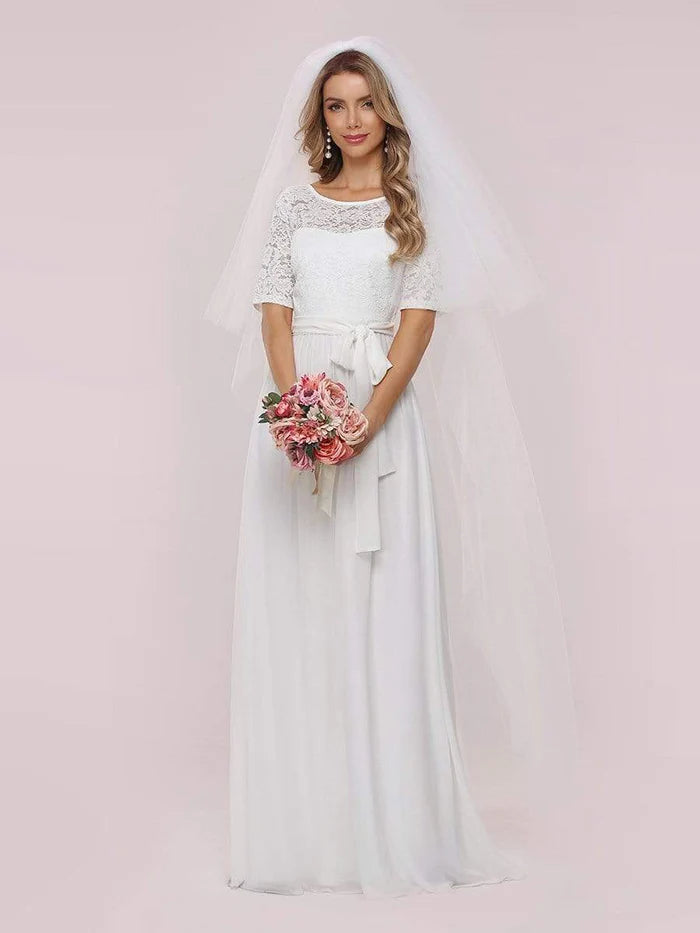 Wholesa Simple Half Sleeves Chiffon Wedding Dress with Belt