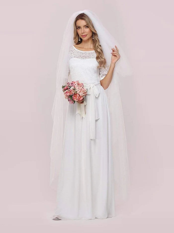 Wholesa Simple Half Sleeves Chiffon Wedding Dress with Belt