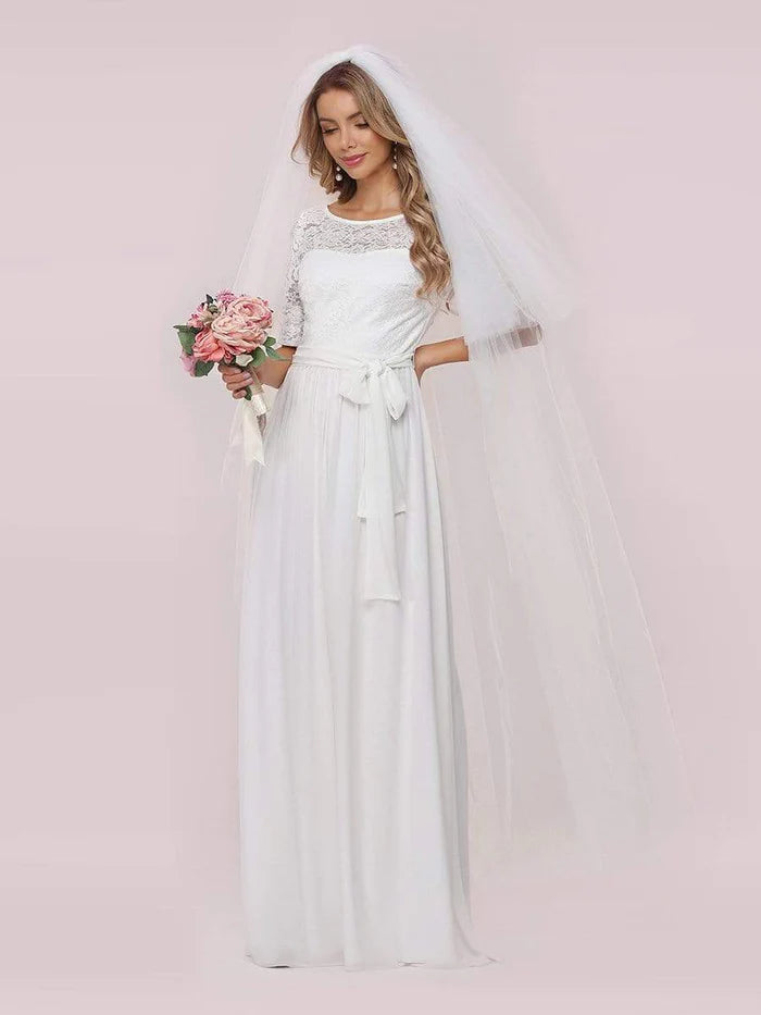 Wholesa Simple Half Sleeves Chiffon Wedding Dress with Belt