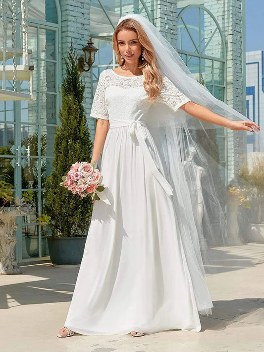 Wholesa Simple Half Sleeves Chiffon Wedding Dress with Belt