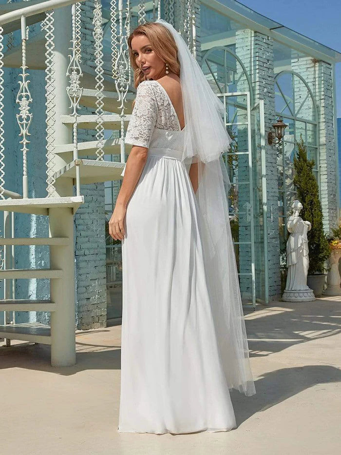 Wholesa Simple Half Sleeves Chiffon Wedding Dress with Belt