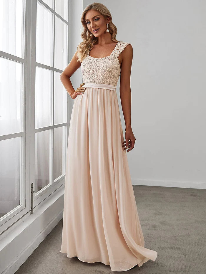 Wholesa Elegant A Line Long Chiffon Bridesmaid Dress With Lace Bodice