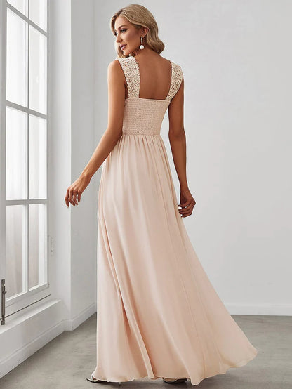 Wholesa Elegant A Line Long Chiffon Bridesmaid Dress With Lace Bodice