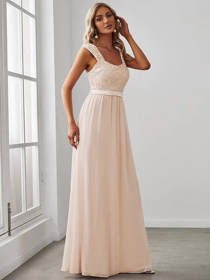 Wholesa Elegant A Line Long Chiffon Bridesmaid Dress With Lace Bodice