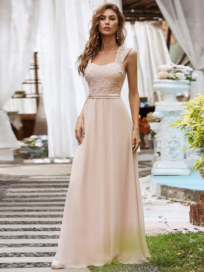 Wholesa Elegant A Line Long Chiffon Bridesmaid Dress With Lace Bodice