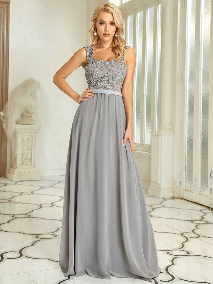 Wholesa Elegant A Line Long Chiffon Bridesmaid Dress With Lace Bodice