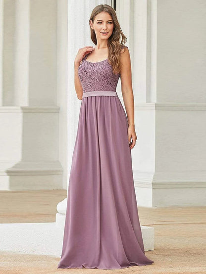 Wholesa Elegant A Line Long Chiffon Bridesmaid Dress With Lace Bodice