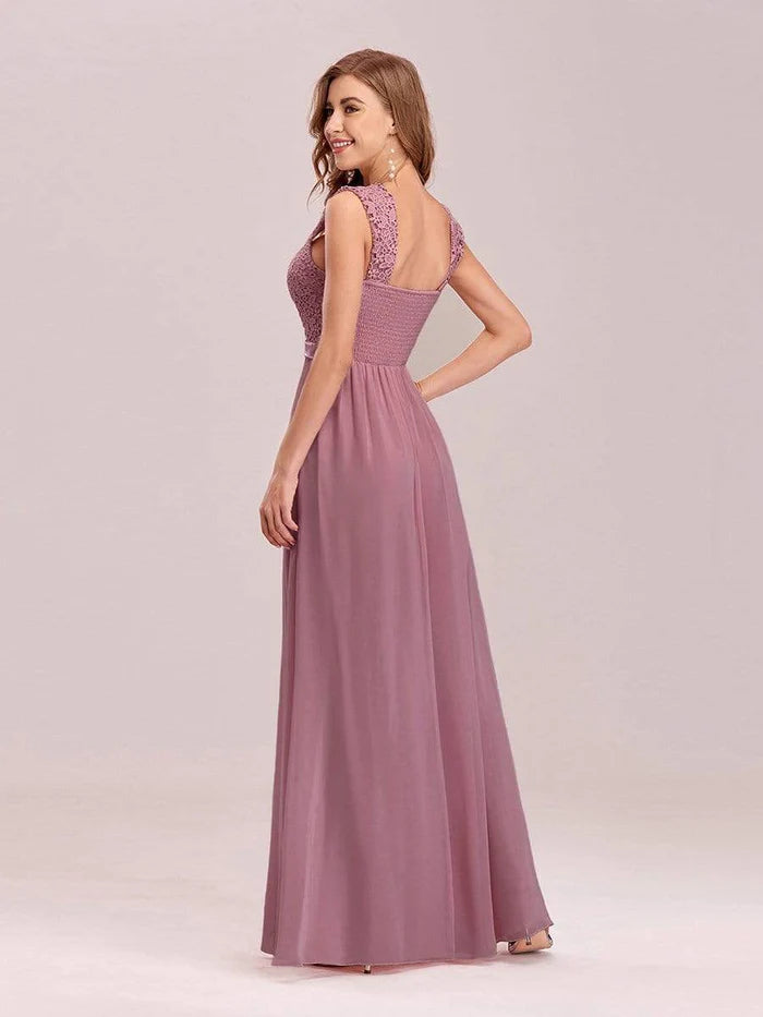 Wholesa Elegant A Line Long Chiffon Bridesmaid Dress With Lace Bodice