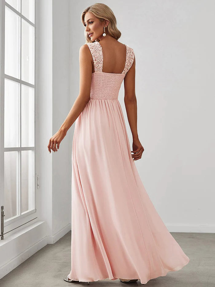 Wholesa Elegant A Line Long Chiffon Bridesmaid Dress With Lace Bodice